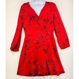 Madewell Womens Short Wrap Dress Size 6 Red Floral Sheer Sleeves
